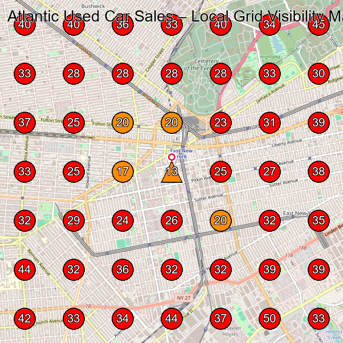 Atlantic Used Car Sales GeoGrid visibility map for Used Car Dealer in Brooklyn